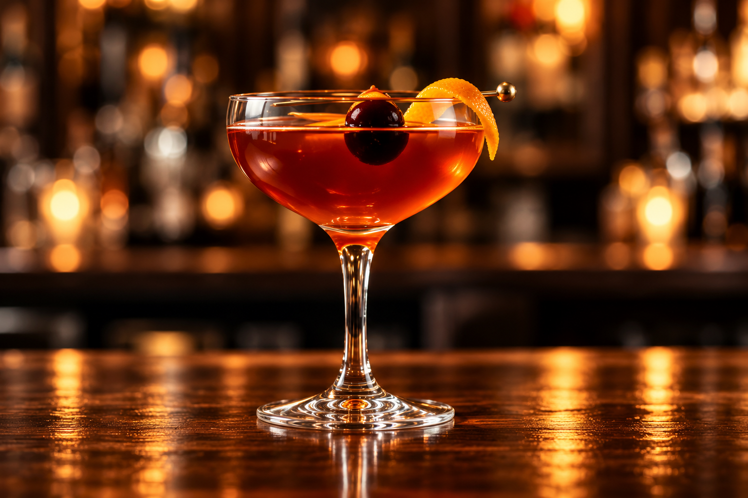 Amber cocktail garnished with a cherry — illustrative concept image