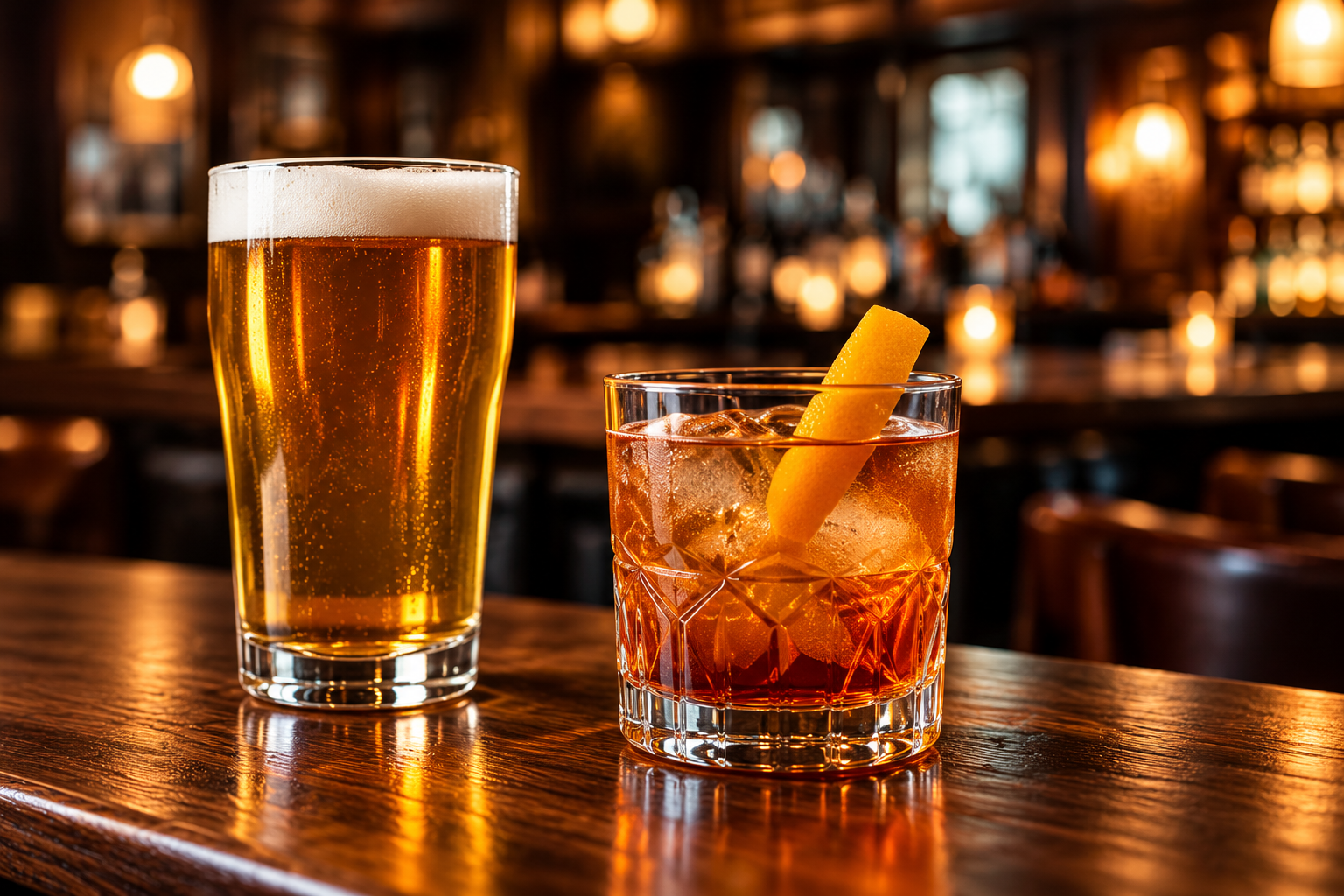 Golden lager and an Old Fashioned cocktail — illustrative concept image